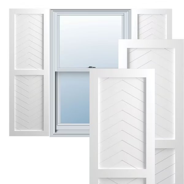 True Fit PVC Two Panel Chevron Modern Style Fixed Mount Shutters, Unfinished, 18